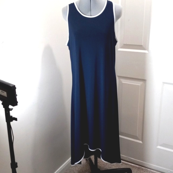 Roz&Ali Sz L Navy High/Low Midi Dress W/ white trim - Picture 3 of 8